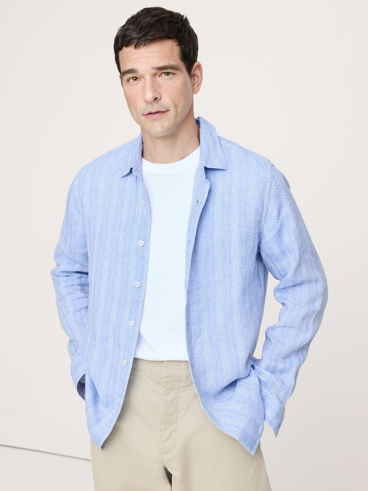 Standard-Fit Textured Linen-Cotton Shirt - Light Blue Texture