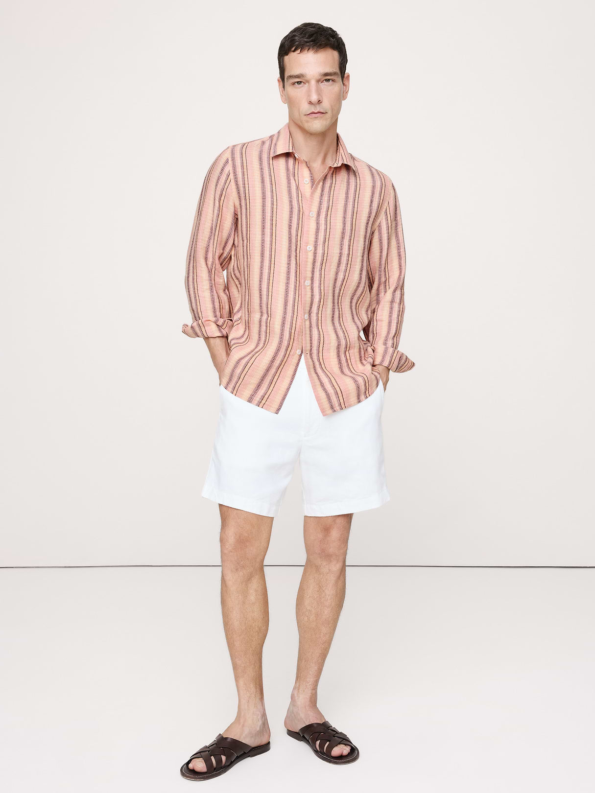 Standard-Fit Textured Linen-Cotton Shirt - Pink Texture