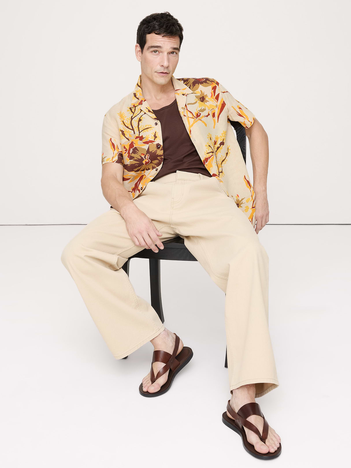 Standard-Fit Linen Resort Shirt - Yellow Floral