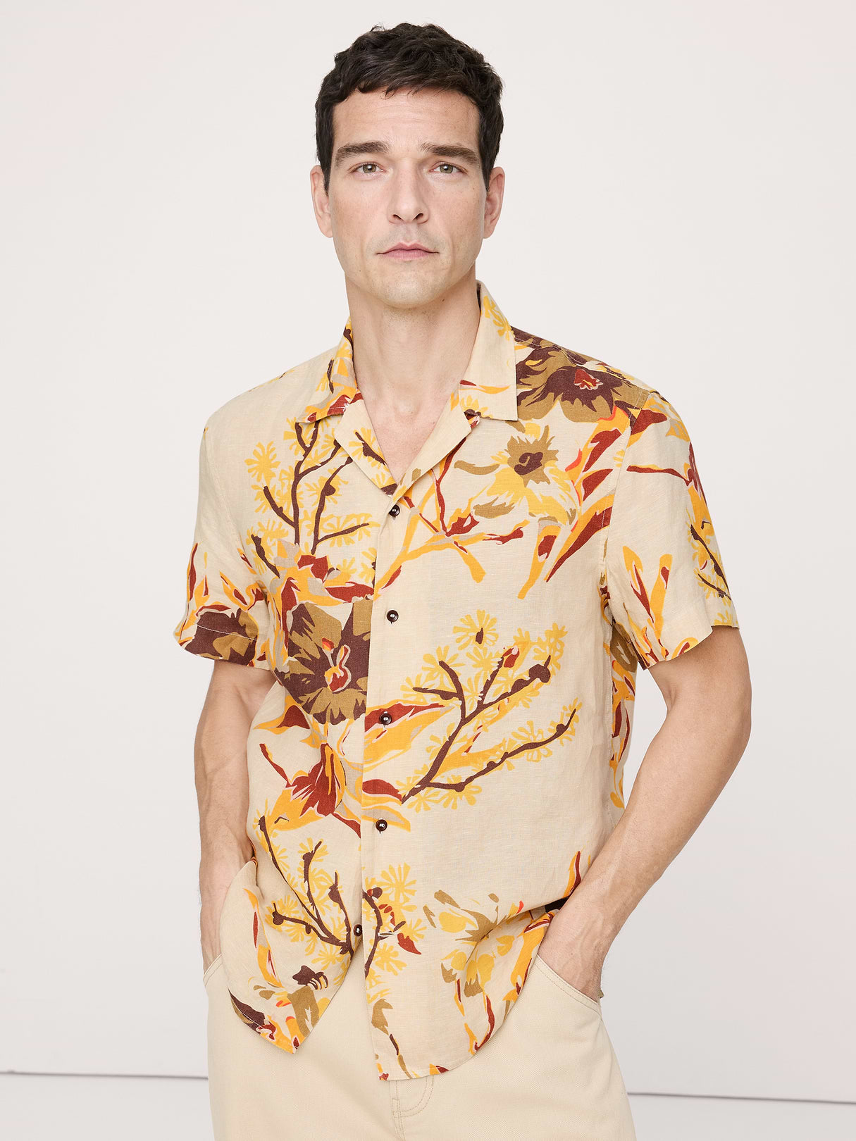 Standard-Fit Linen Resort Shirt - Yellow Floral