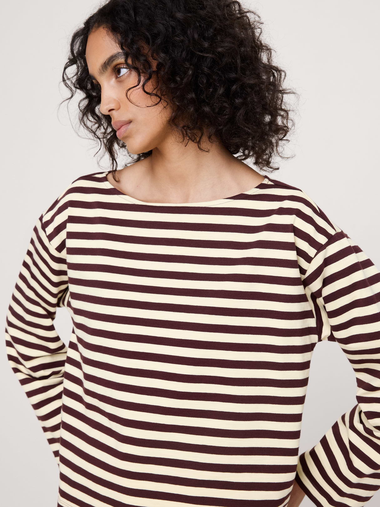 Relaxed Cotton Boat-Neck Top - Brown Stripe