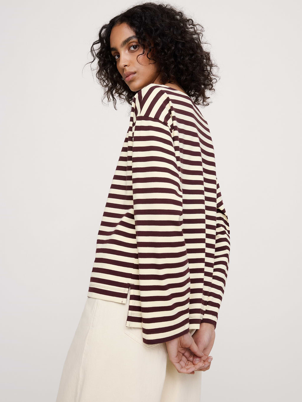 Relaxed Cotton Boat-Neck Top - Brown Stripe