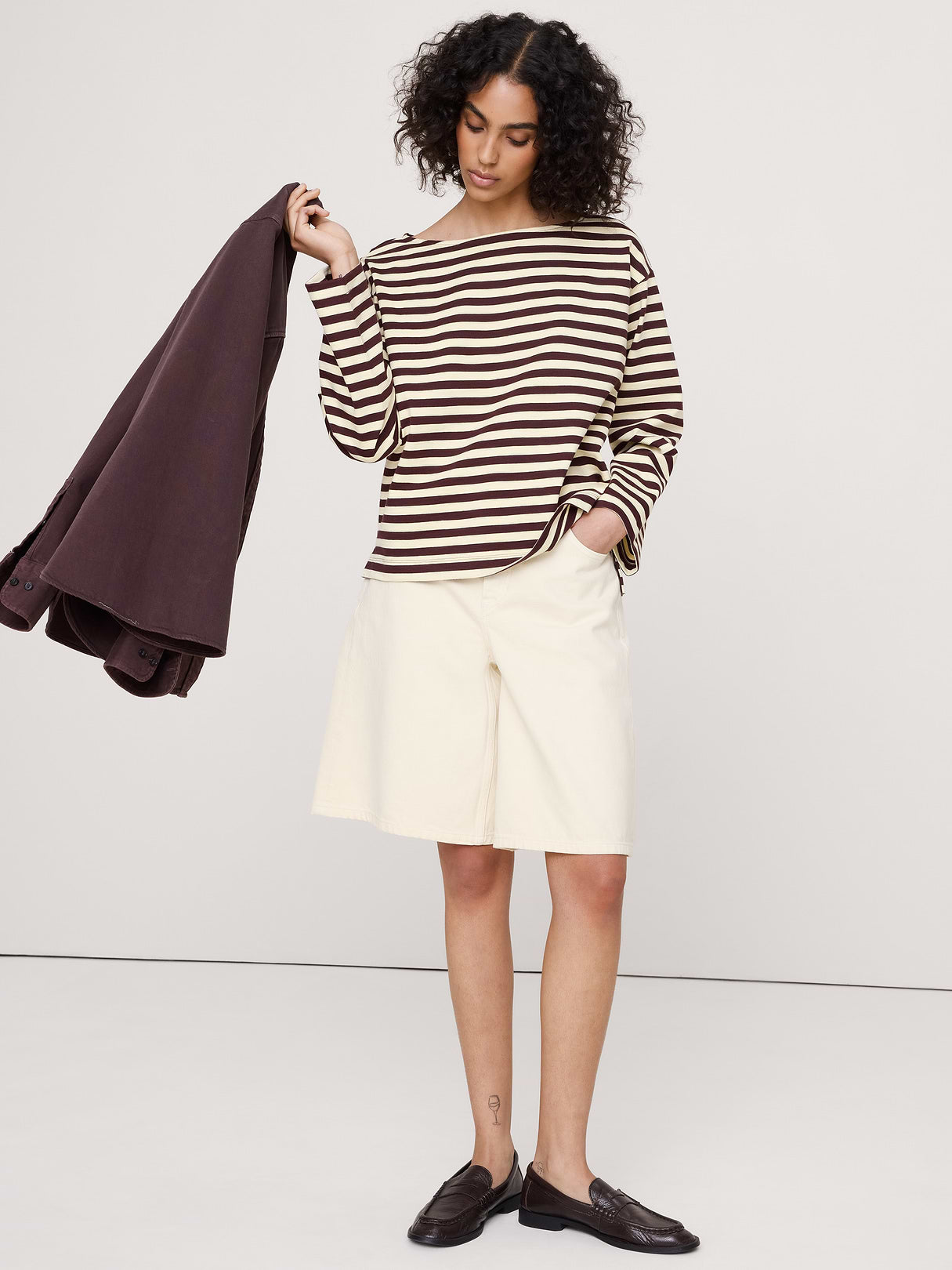 Relaxed Cotton Boat-Neck Top - Brown Stripe
