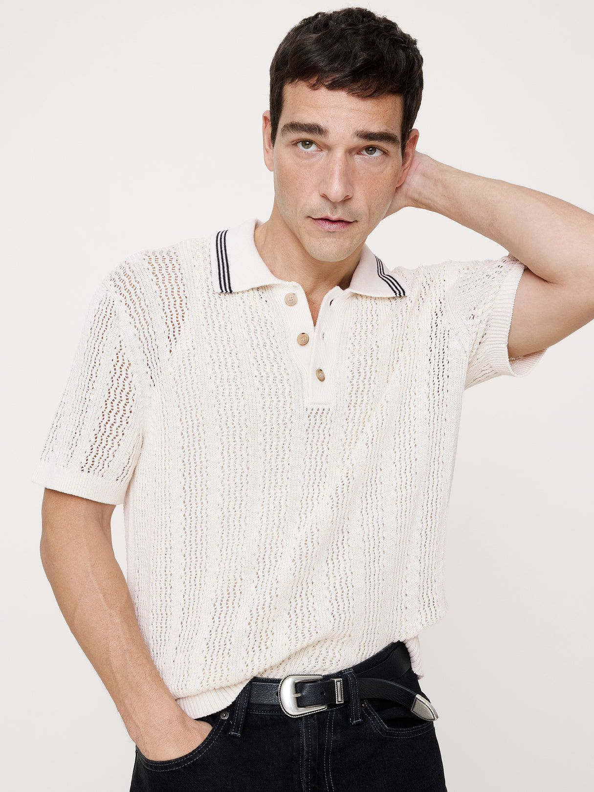 Cotton Zig-Zag Sweater Polo - Cream White