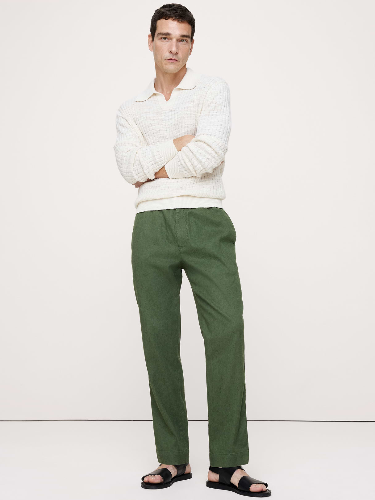 Straight Italian Linen-Cotton Pull-On Pant - Leafy Green