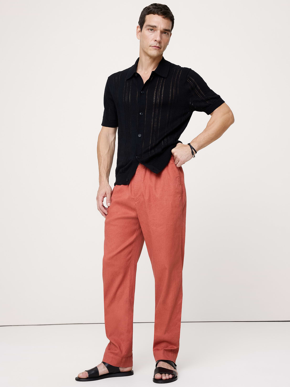 Straight Italian Linen-Cotton Pull-On Pant - Coral
