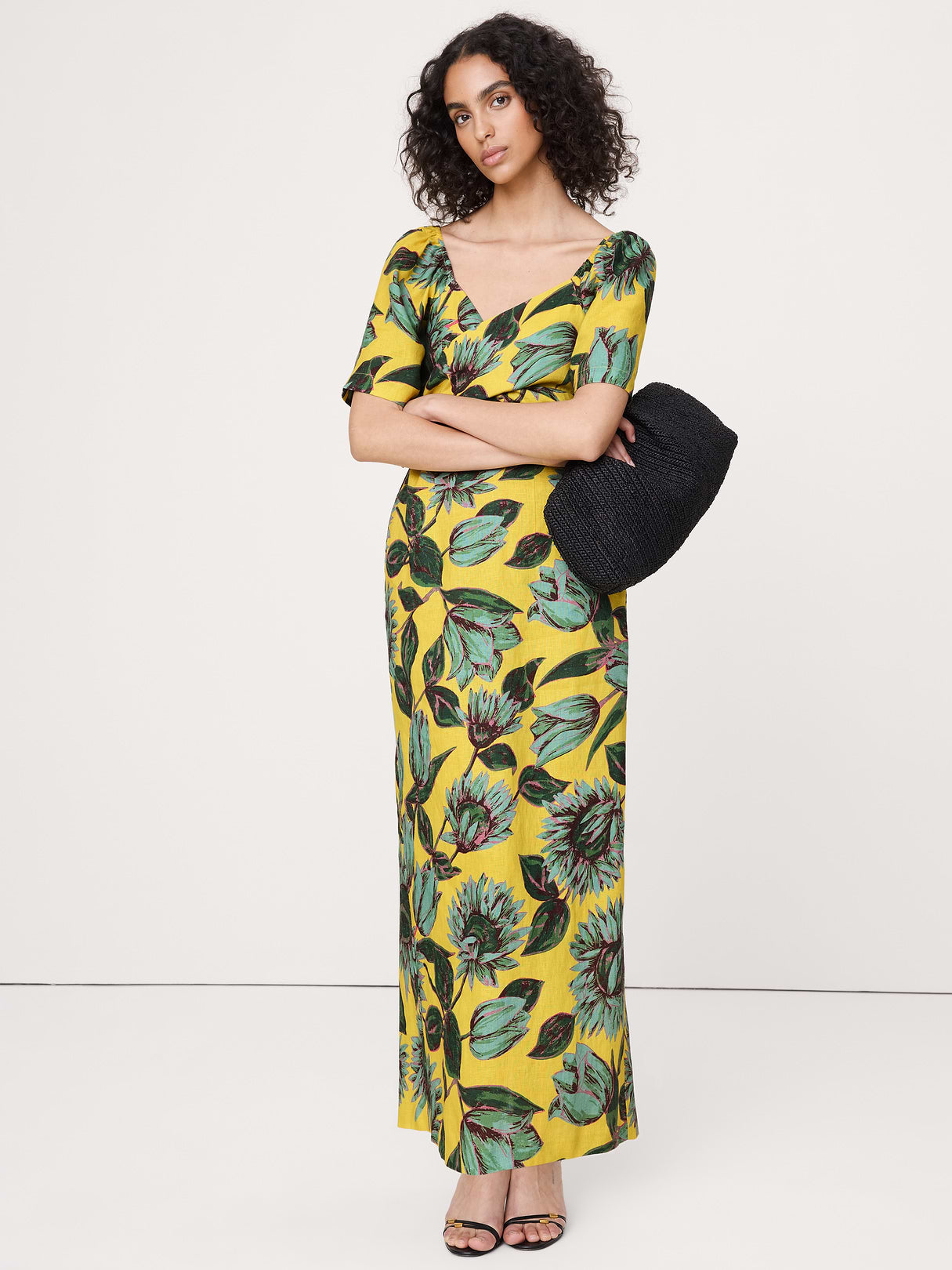 Linen Sweetheart Maxi Dress - Yellow Floral