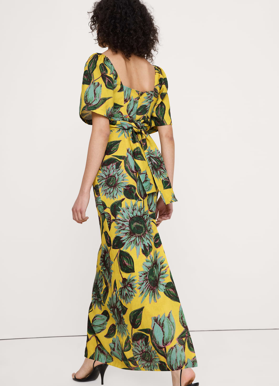 Linen Sweetheart Maxi Dress - Yellow Floral