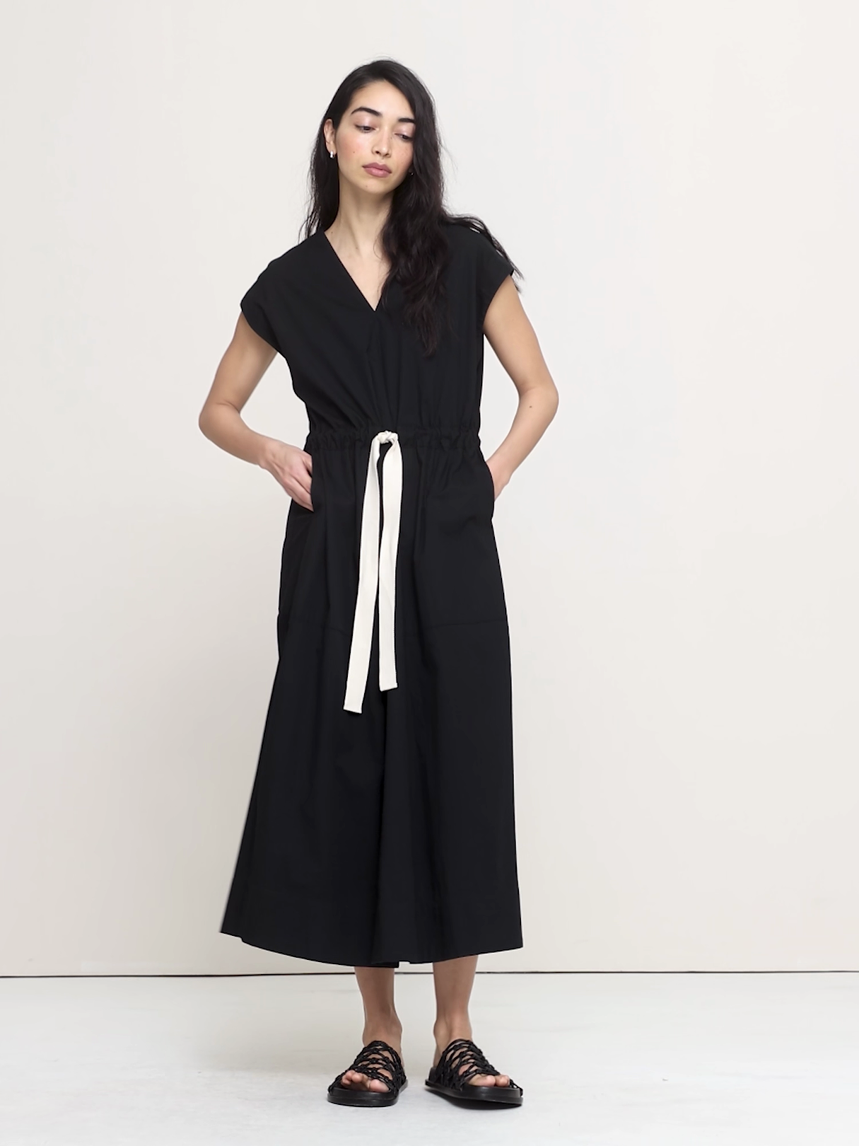 Stretch-Cotton Tie-Waist Maxi Dress - Black
