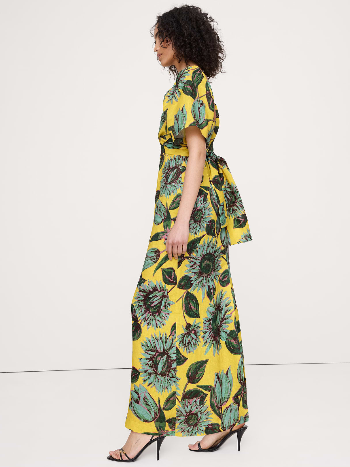 Linen Sweetheart Maxi Dress - Yellow Floral
