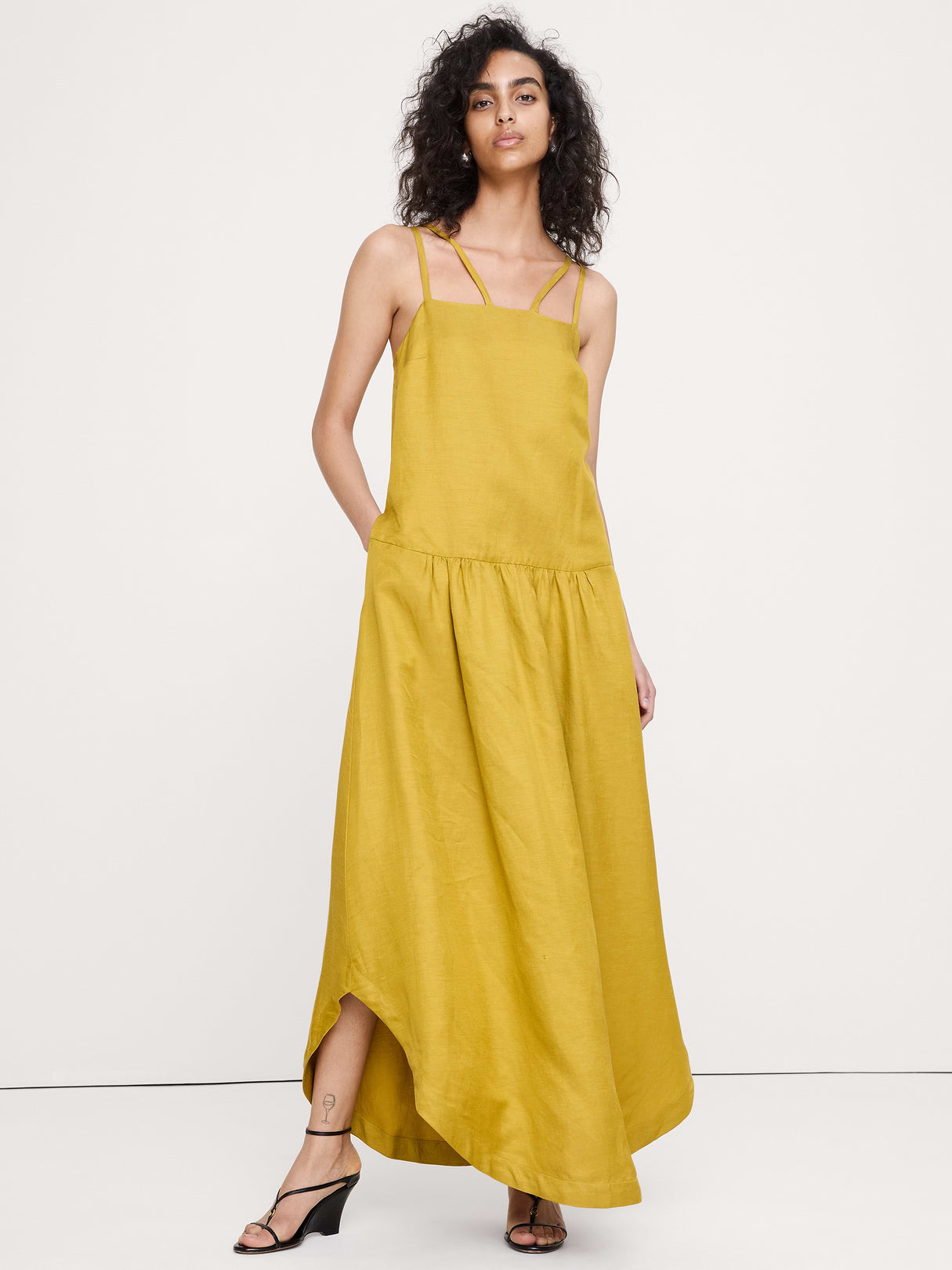 Viscose-Linen Drop-Waist Maxi Dress - Green Amber