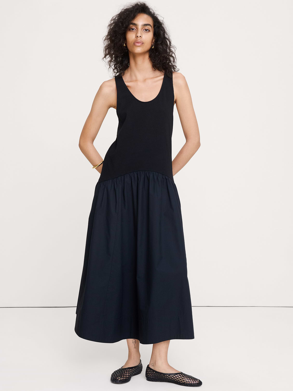 Cotton Poplin + Jersey Midi Dress - Black