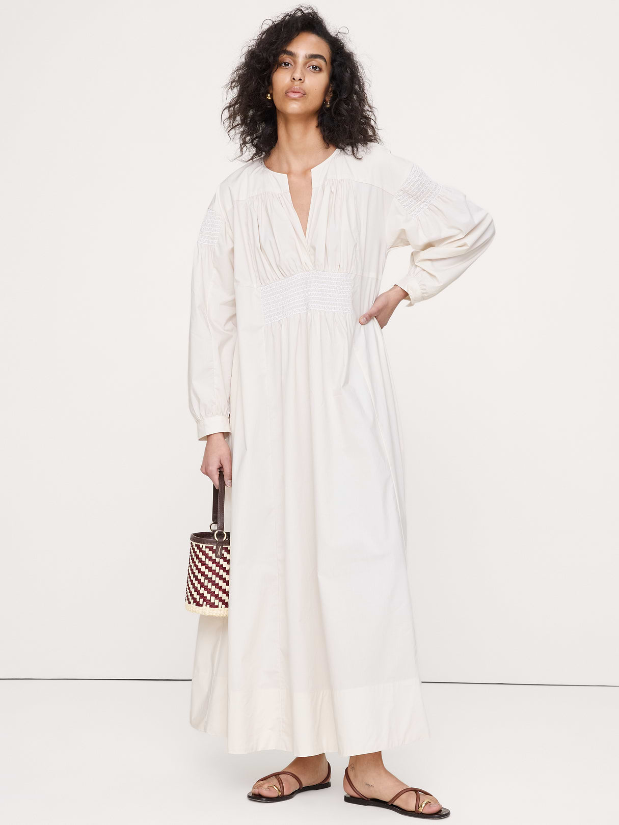 Smocked Cotton Poplin Maxi Dress - Cream White