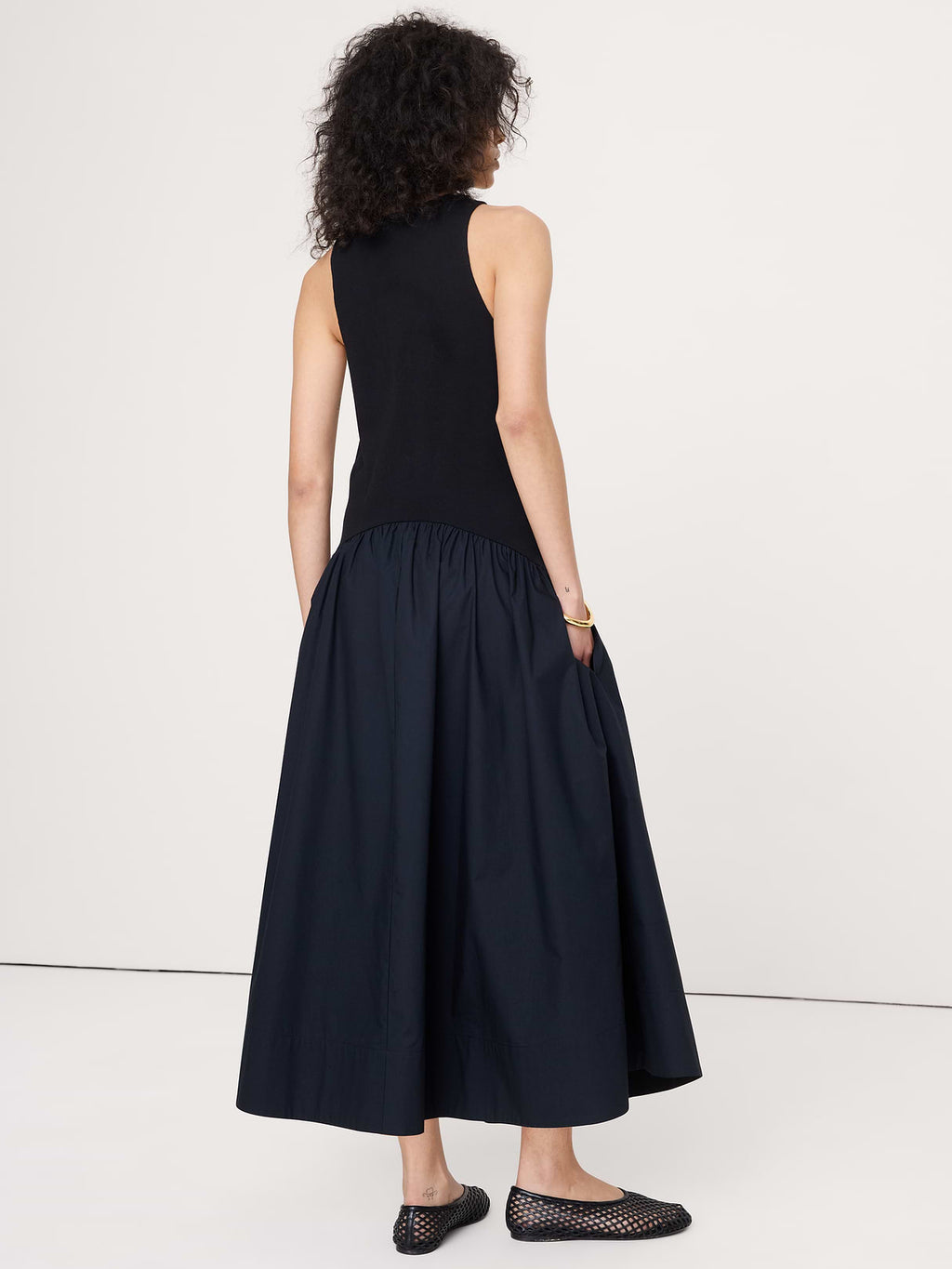 Cotton Poplin + Jersey Midi Dress - Black
