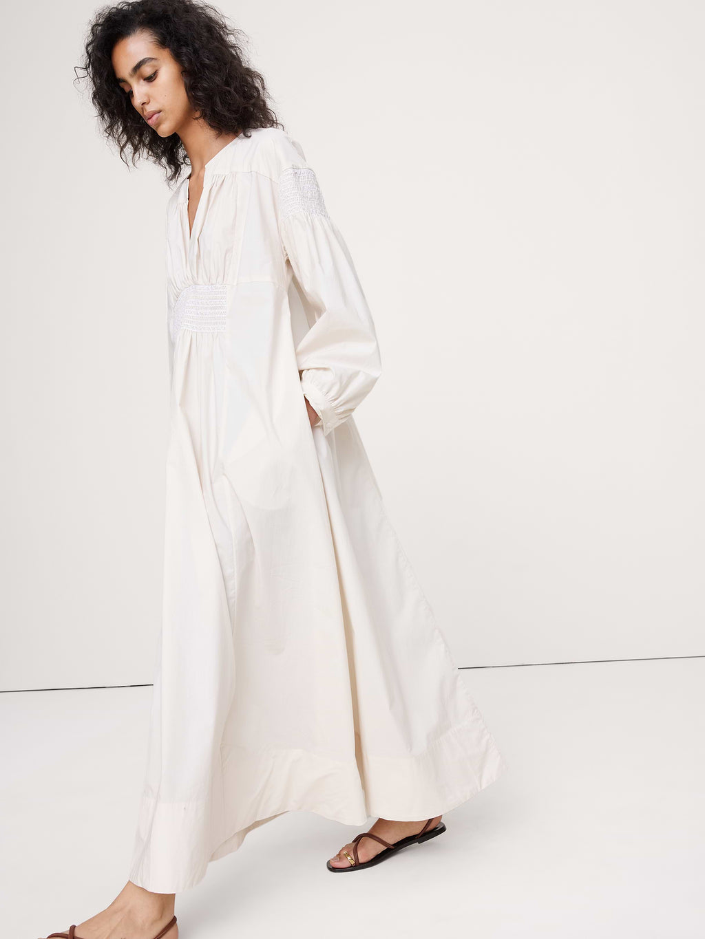 Smocked Cotton Poplin Maxi Dress - Cream White