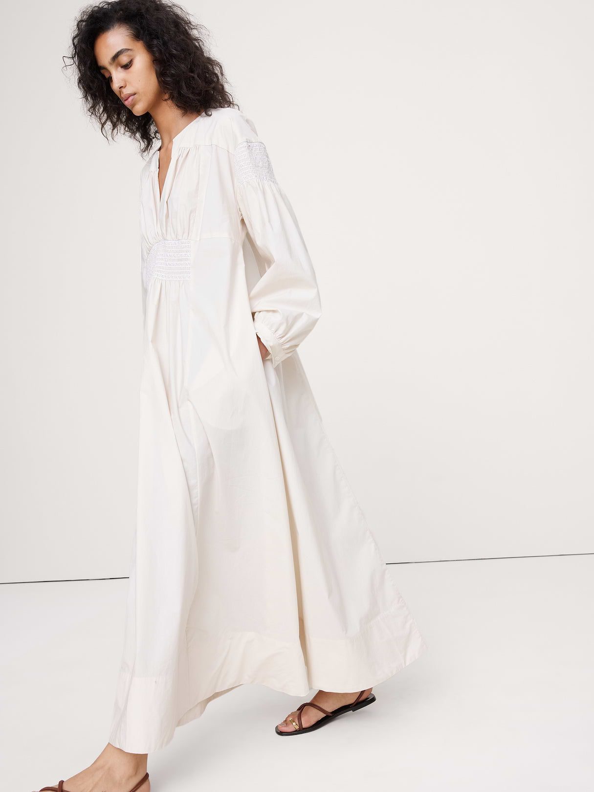 Smocked Cotton Poplin Maxi Dress - Cream White