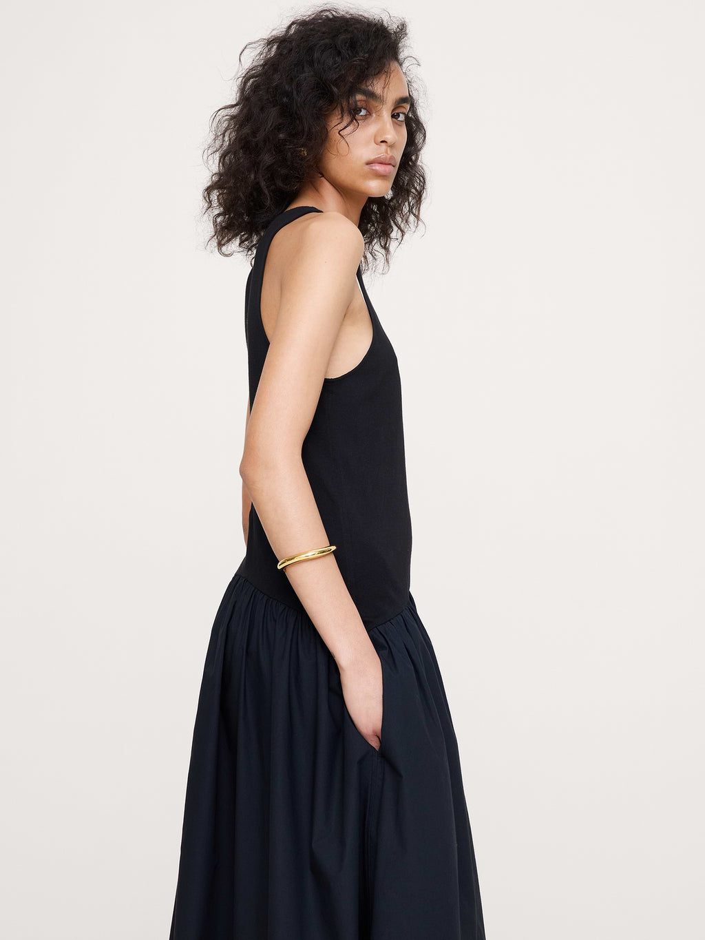 Cotton Poplin + Jersey Midi Dress - Black