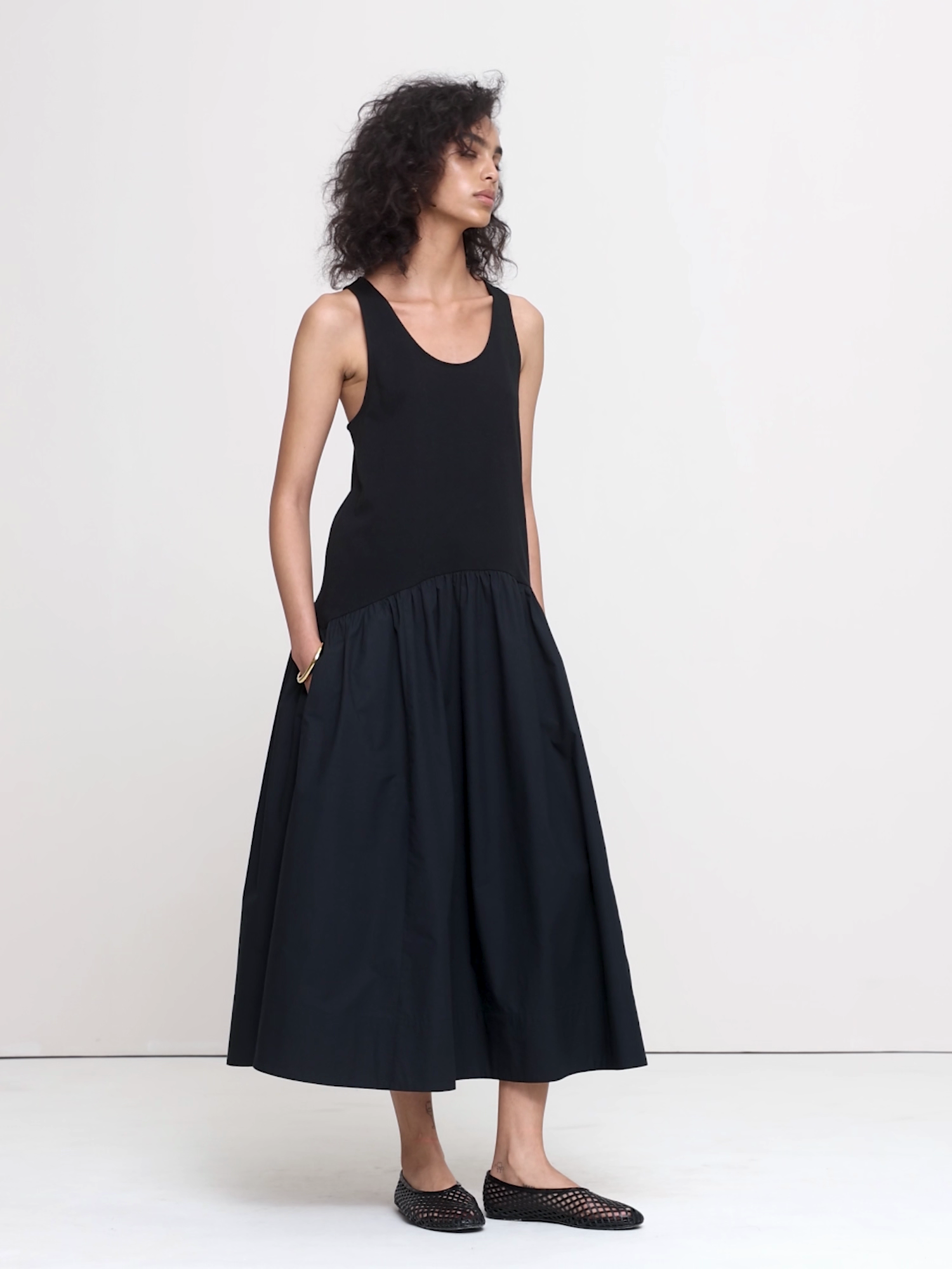 Cotton Poplin + Jersey Midi Dress - Black