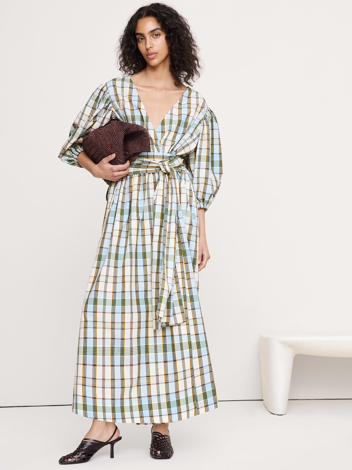 Lightweight Cotton Wrap Maxi Dress - Light Blue Plaid