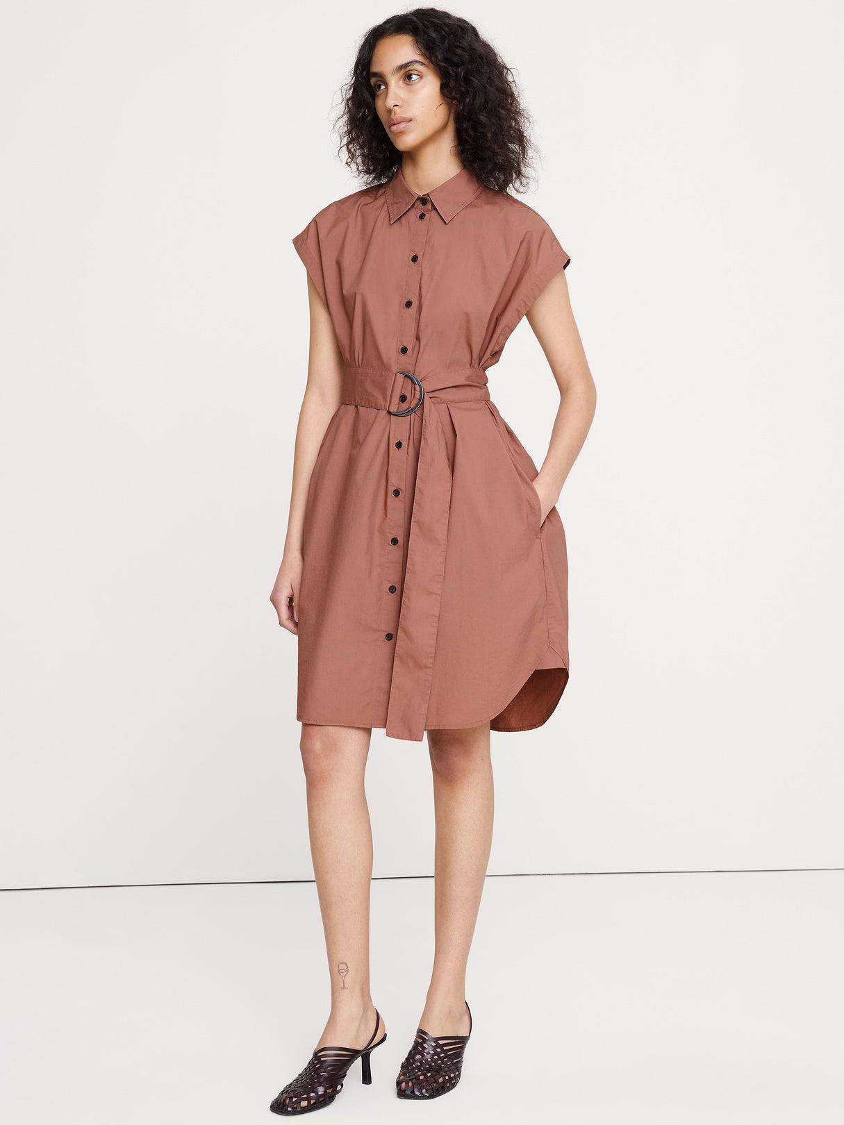 Cotton Poplin Belted Mini Shirt Dress - Brownstone Mauve