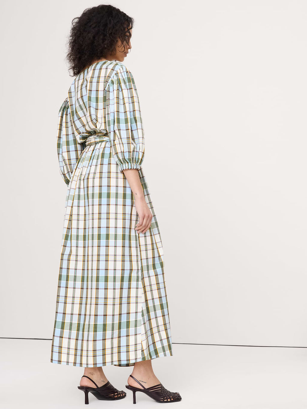 Lightweight Cotton Wrap Maxi Dress - Light Blue Plaid