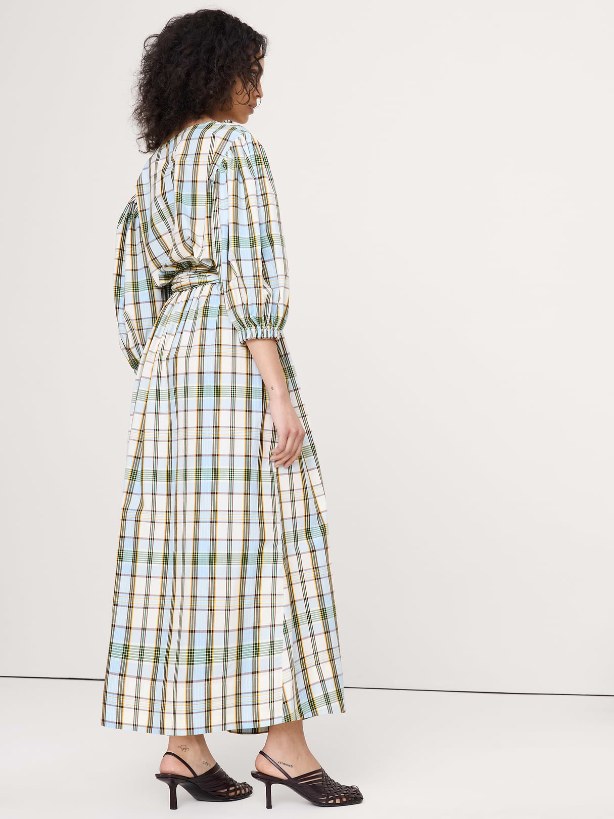 Lightweight Cotton Wrap Maxi Dress - Light Blue Plaid