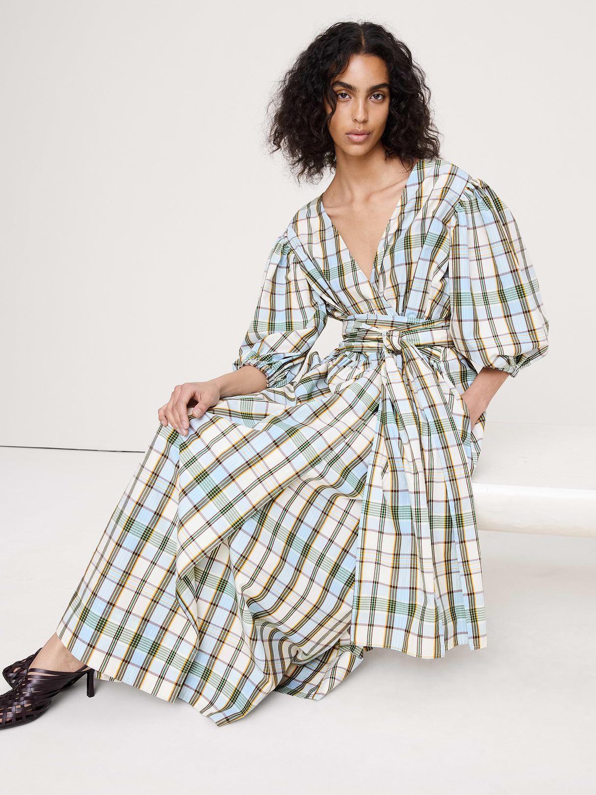 Lightweight Cotton Wrap Maxi Dress - Light Blue Plaid