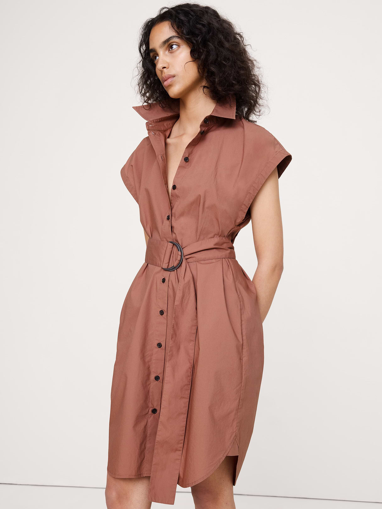 Cotton Poplin Belted Mini Shirt Dress - Brownstone Mauve