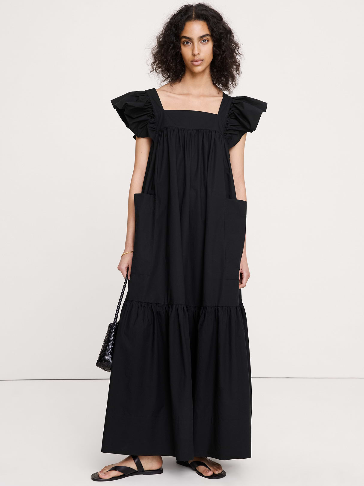 Cotton Poplin Flounce Maxi Dress - Black