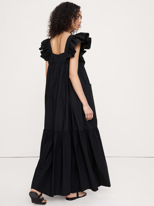 Cotton Poplin Flounce Maxi Dress - Black