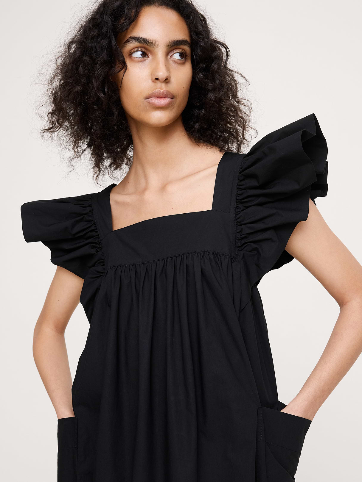 Cotton Poplin Flounce Maxi Dress - Black