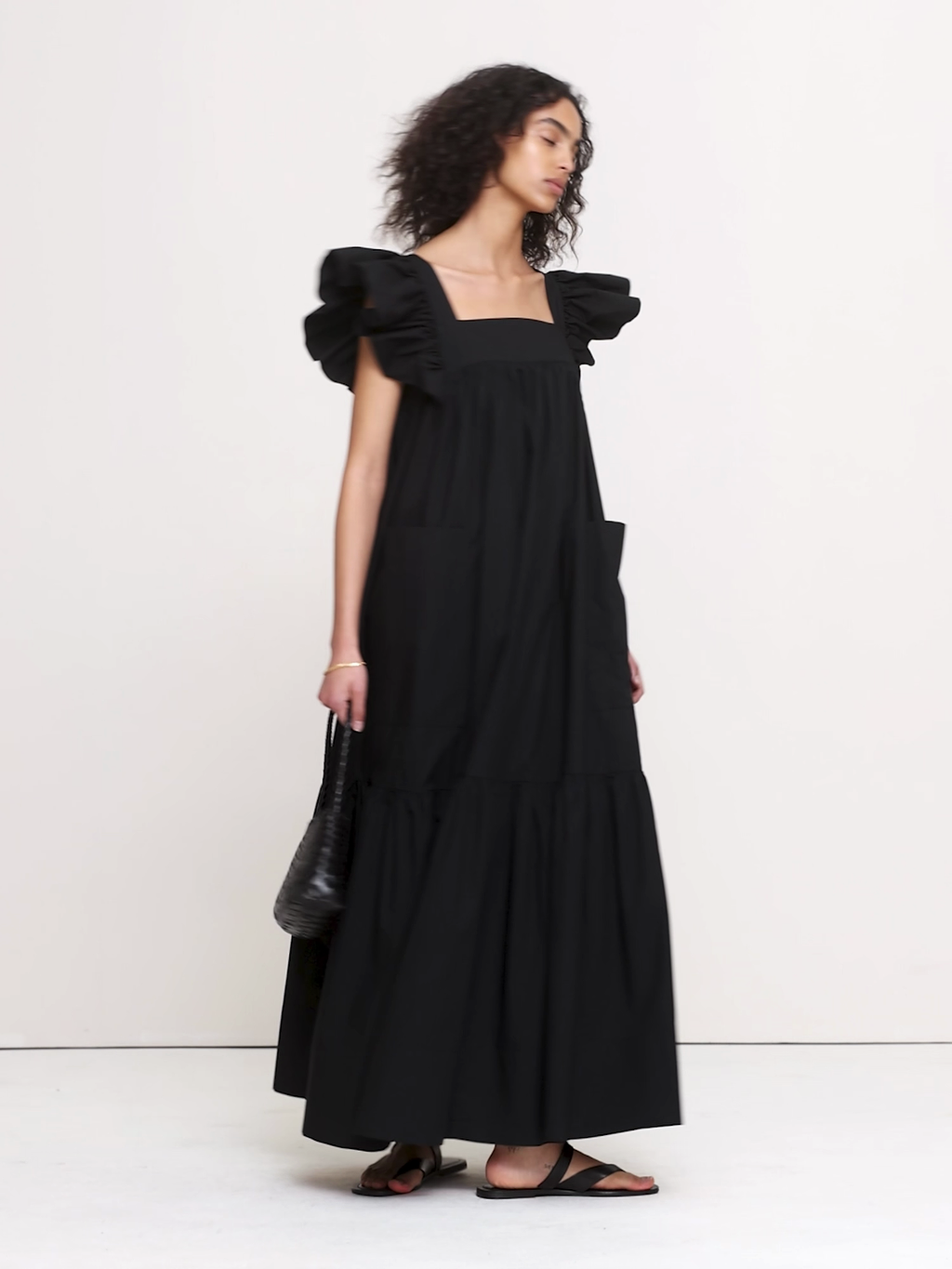 Cotton Poplin Flounce Maxi Dress - Black