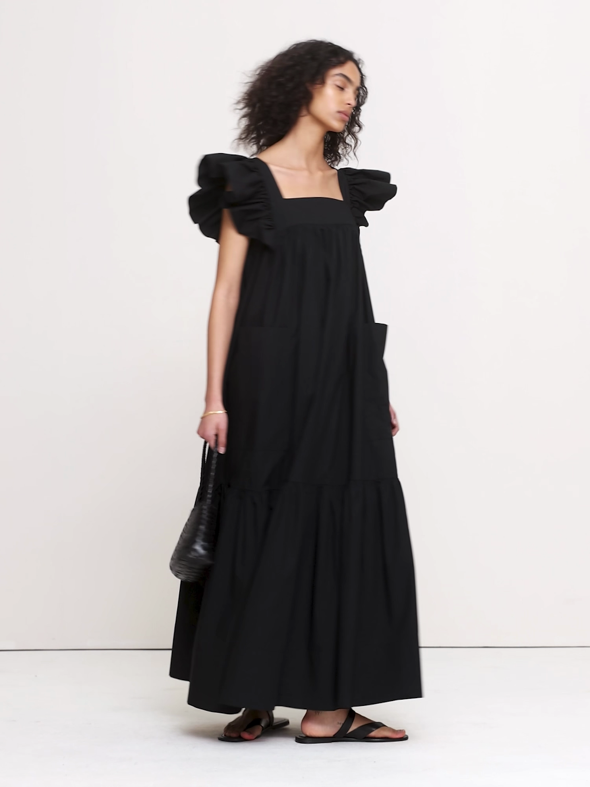 Cotton Poplin Flounce Maxi Dress - Black