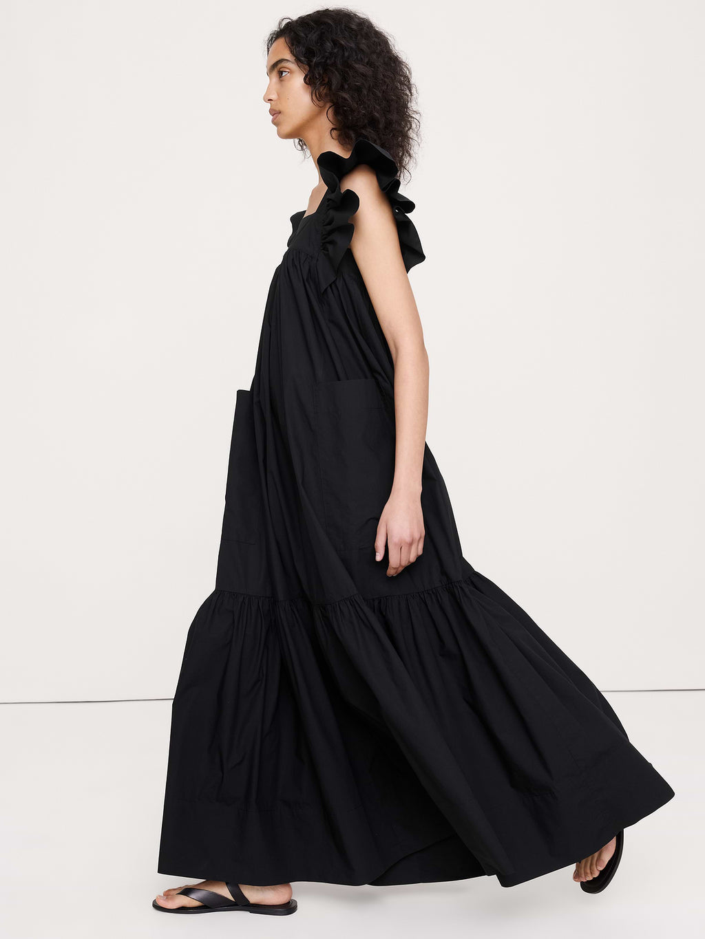 Cotton Poplin Flounce Maxi Dress - Black