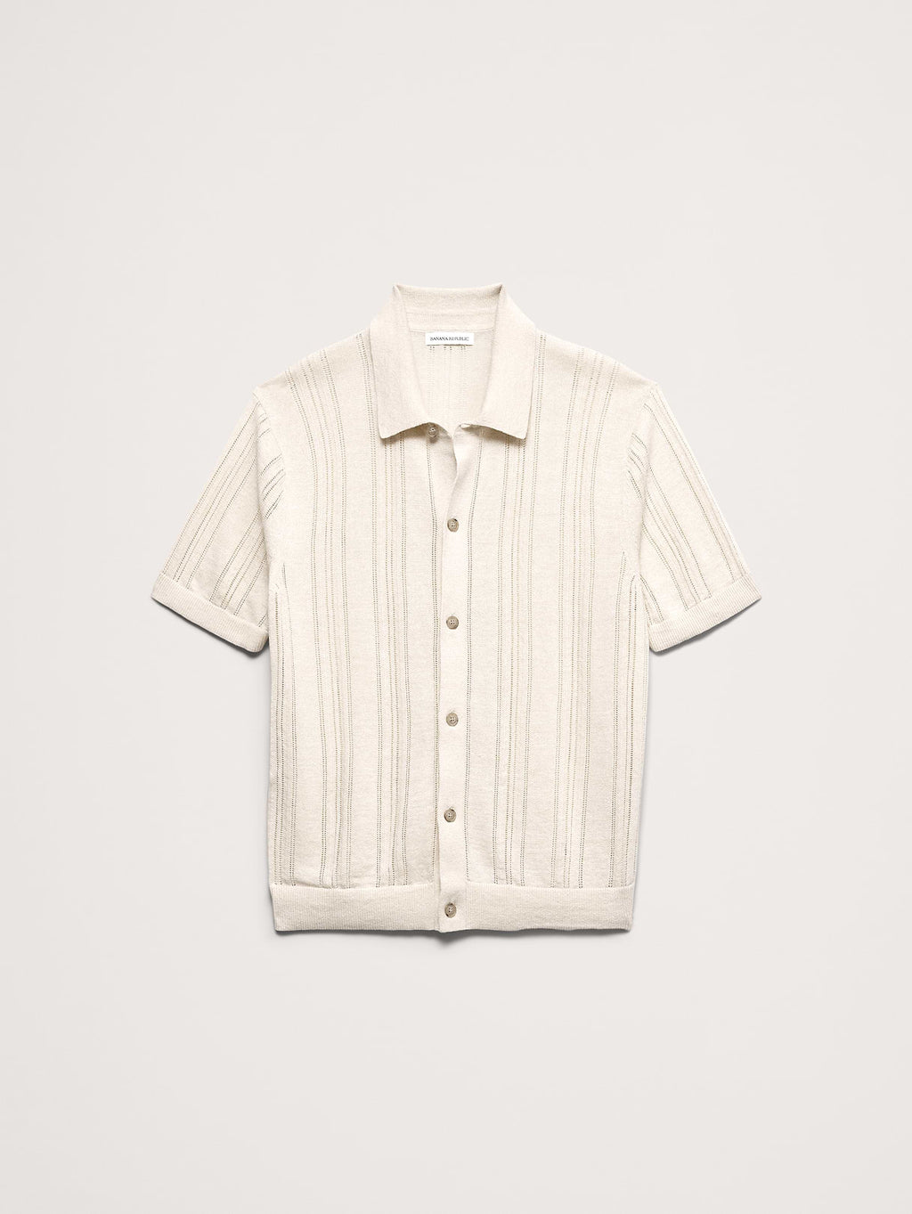 Linen-Cotton Textured Polo Cardigan - Cream White