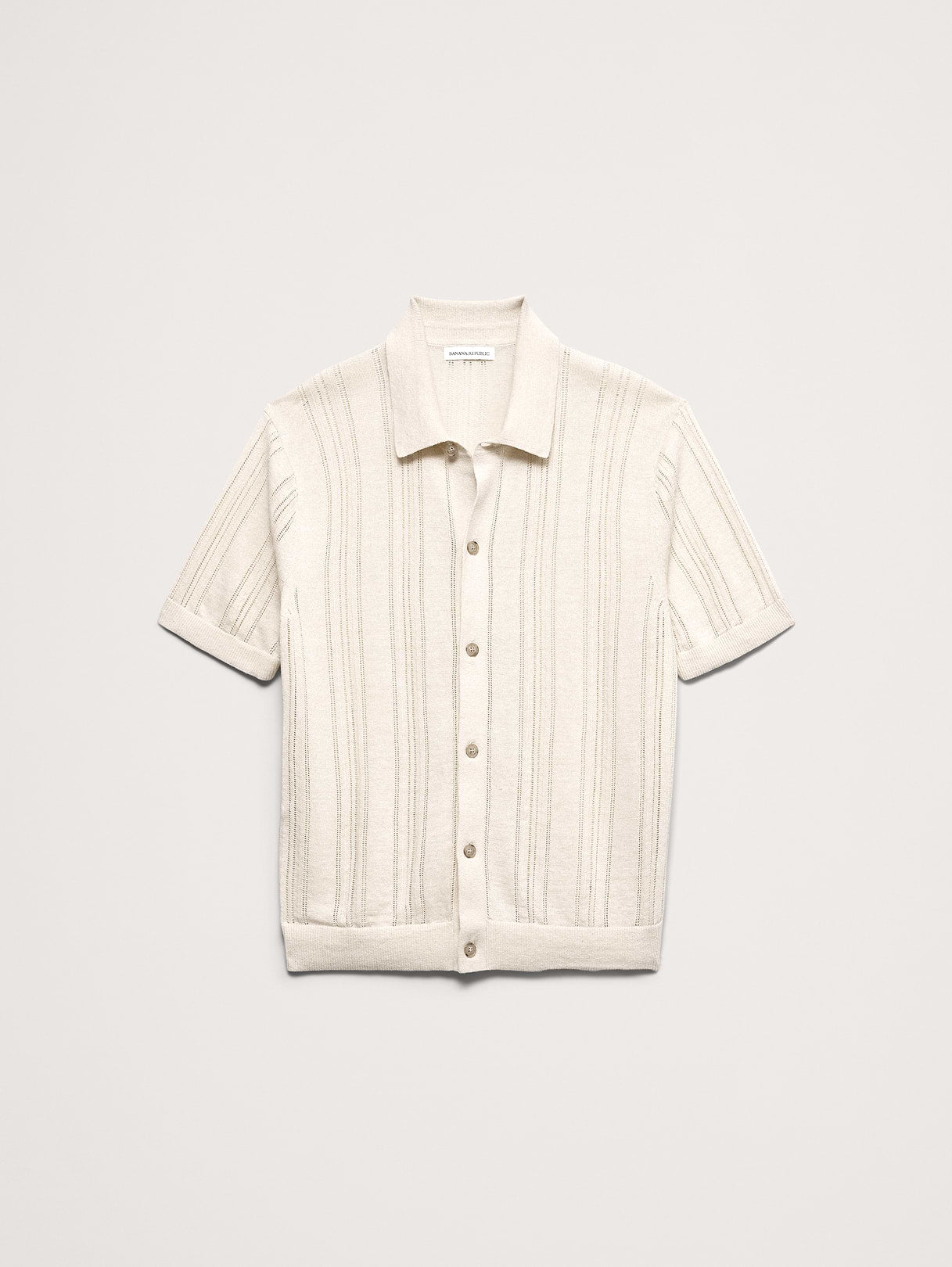 Linen-Cotton Textured Polo Cardigan - Cream White