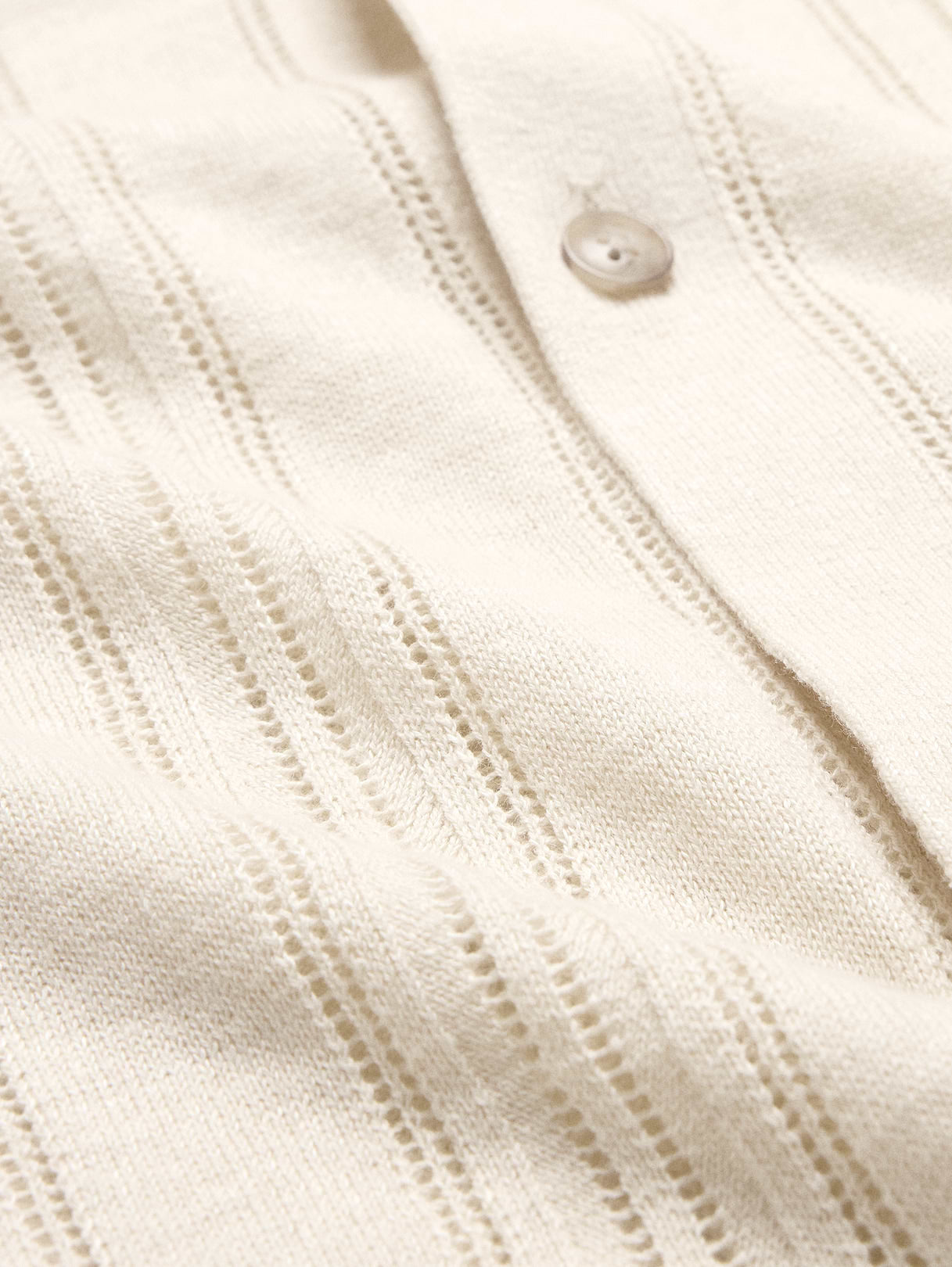 Linen-Cotton Textured Polo Cardigan - Cream White