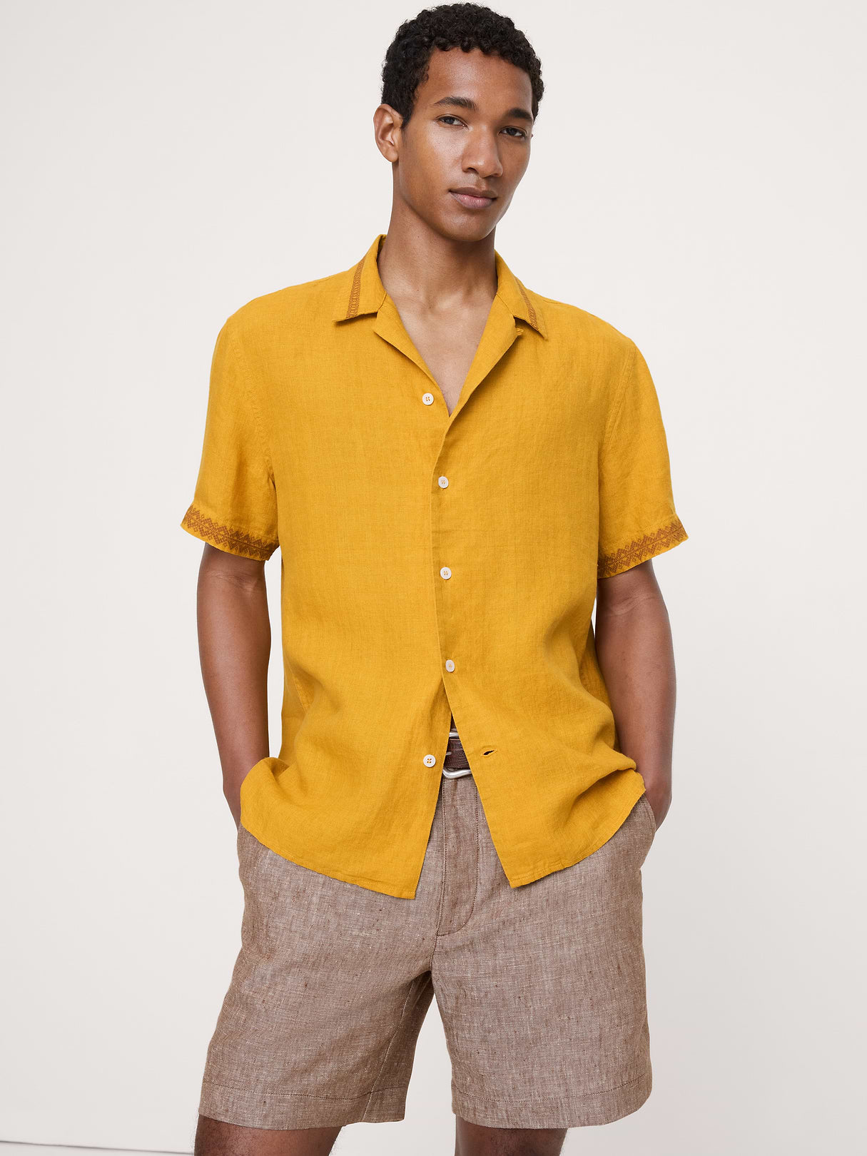 Standard-Fit Embroidered Linen Resort Shirt - Mustard Yellow
