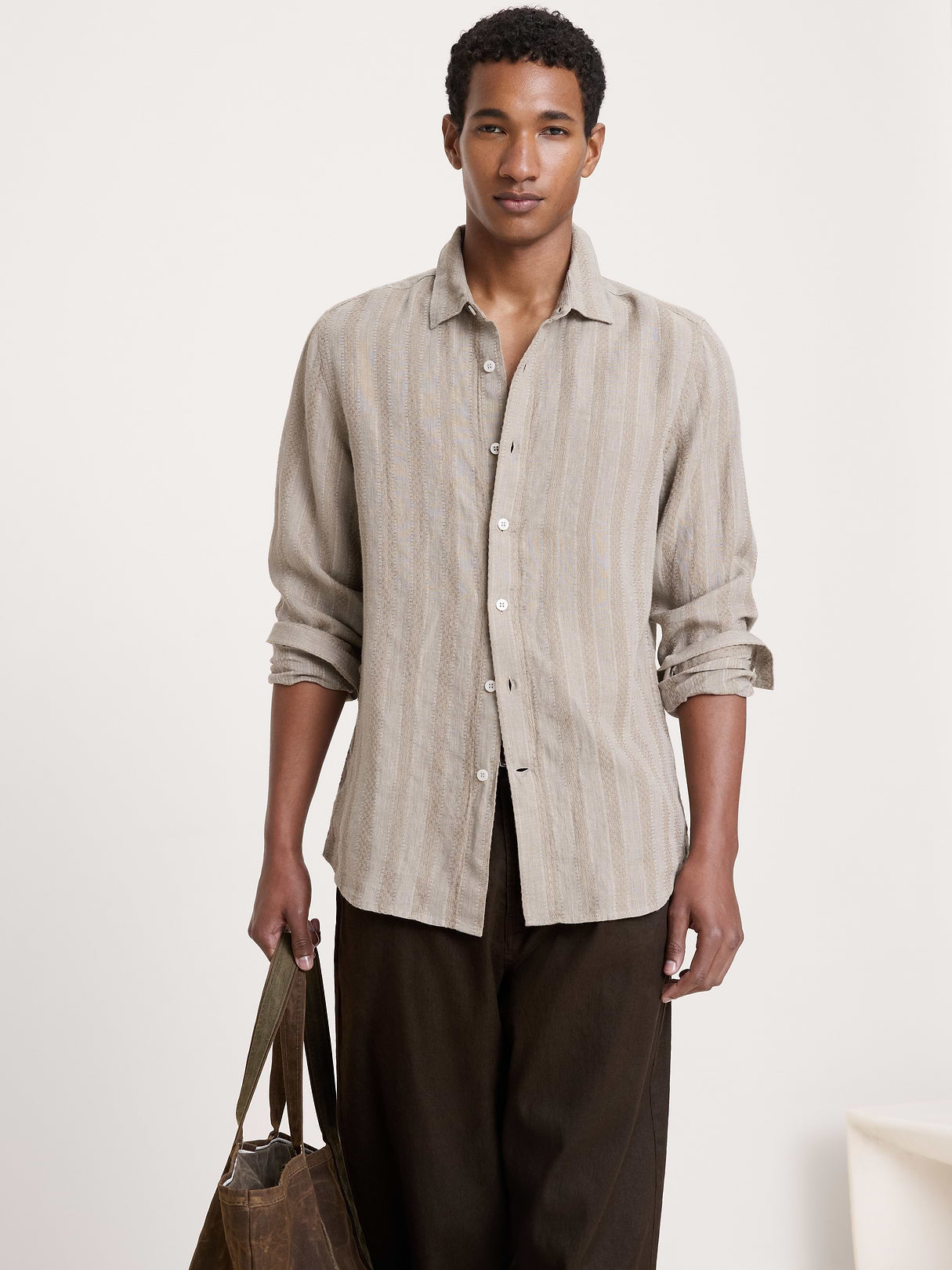 Standard-Fit Textured Linen-Cotton Shirt - Brown Texture