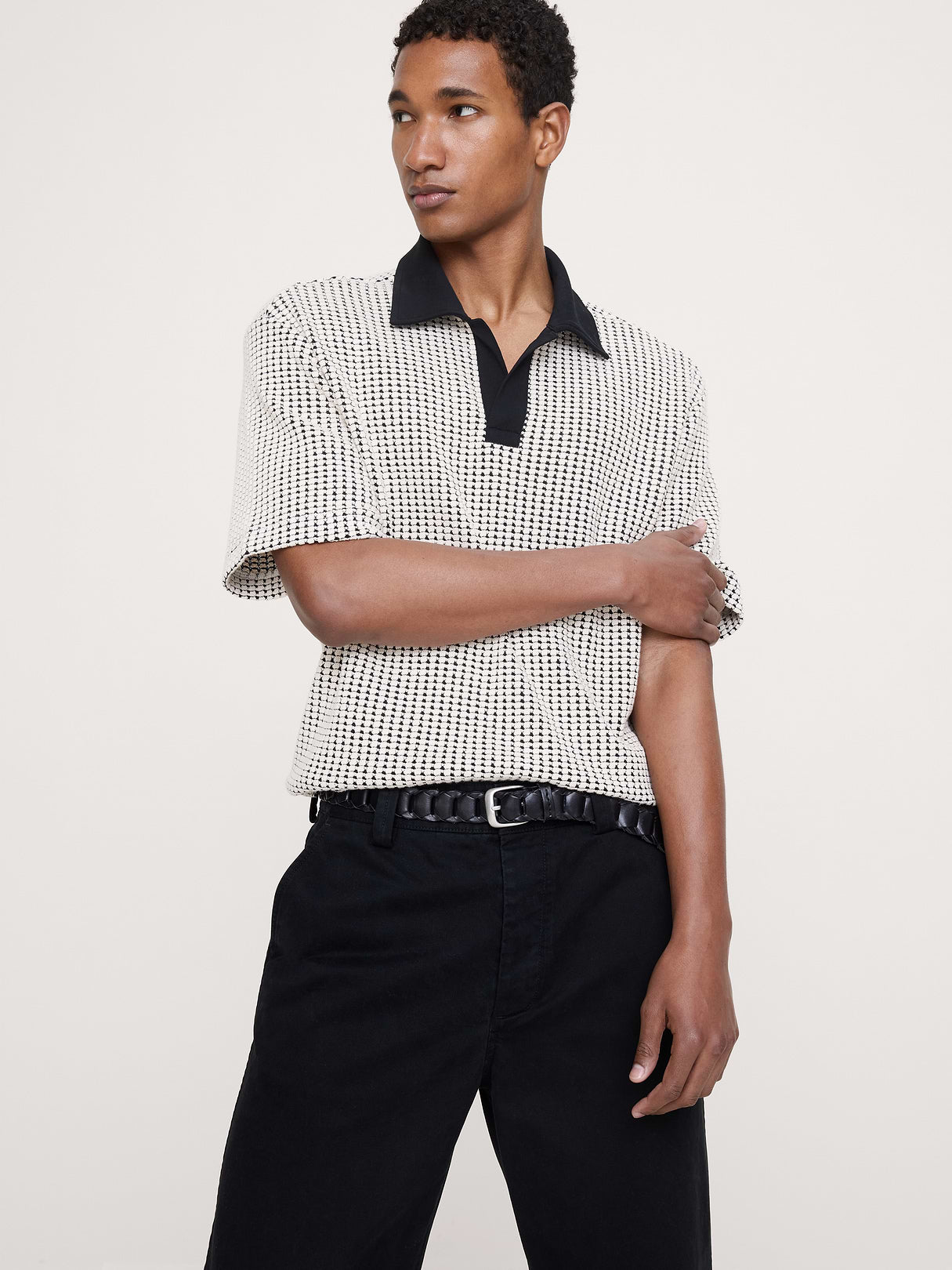 Relaxed-Fit Waffle-Knit Polo - Black & White