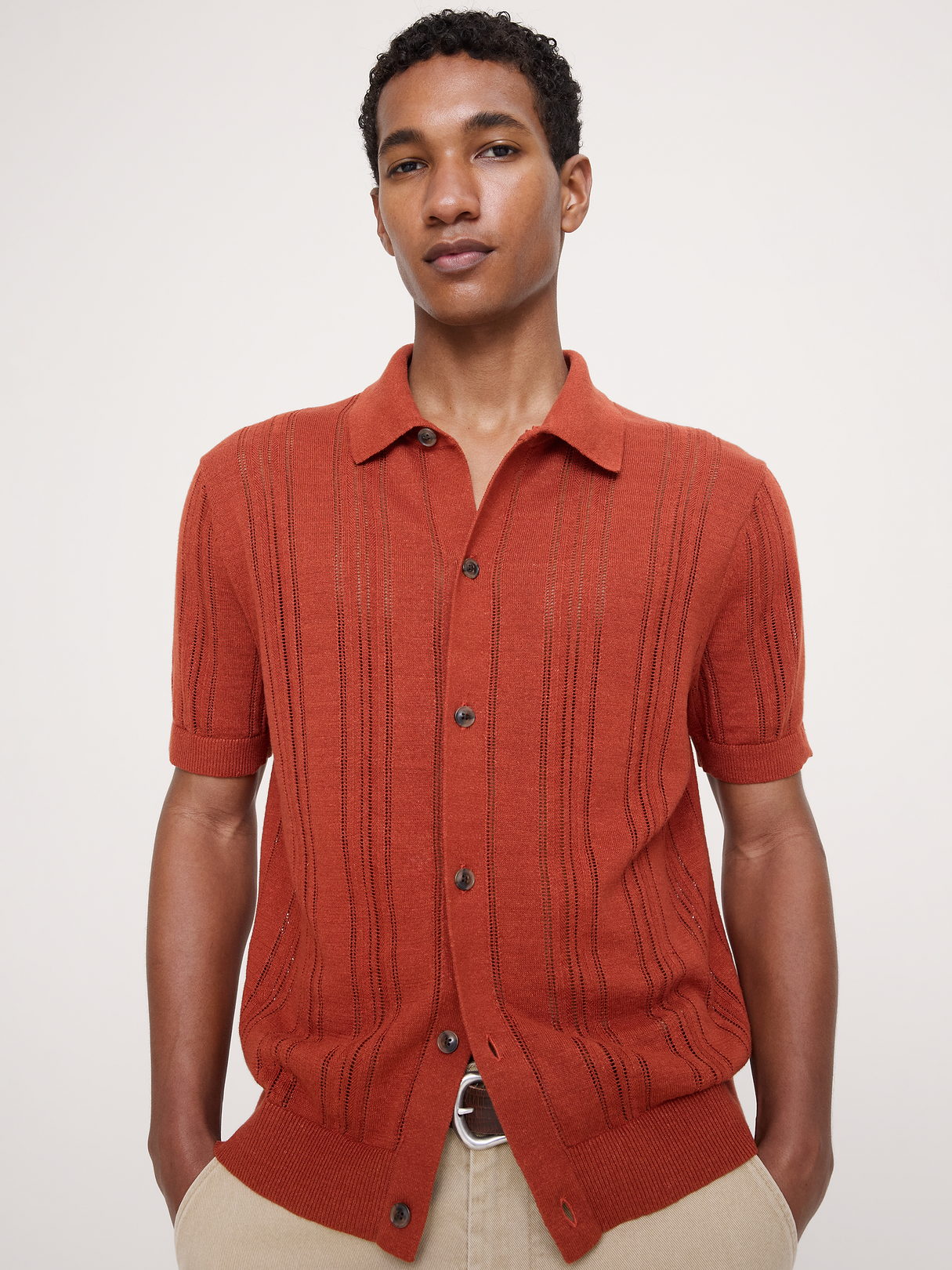 Linen-Cotton Textured Polo Cardigan - Jasper Red