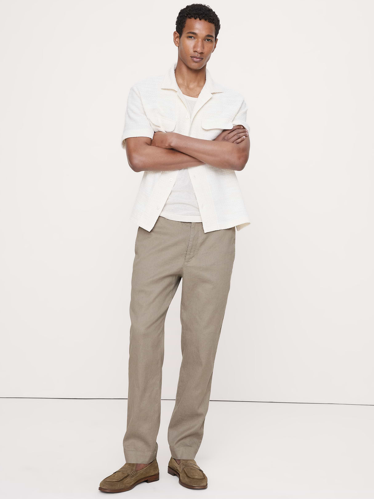 Straight Italian Linen-Cotton Pull-On Pant - Stone Khaki