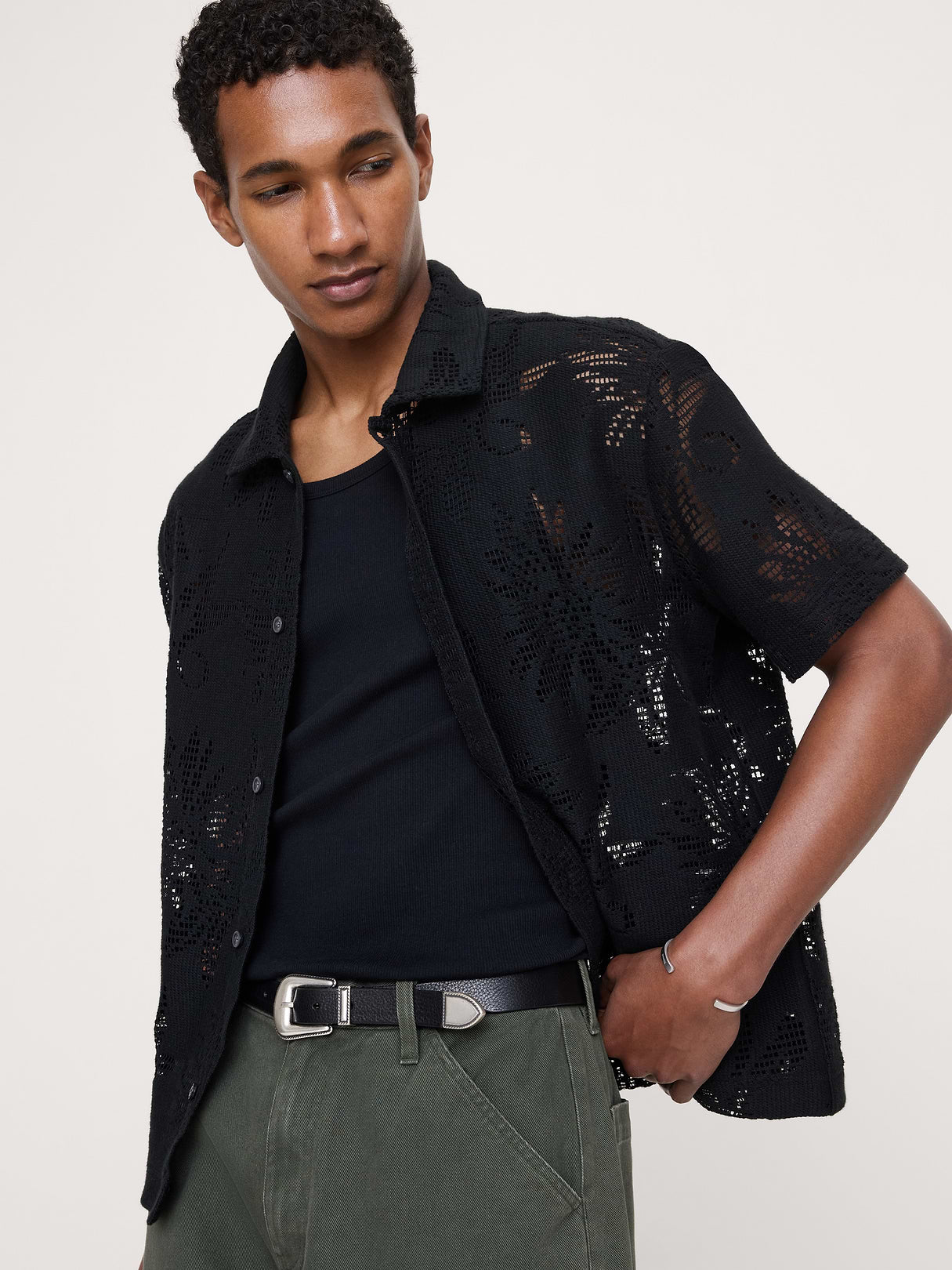 Floral Knit Button-Down Shirt - Black