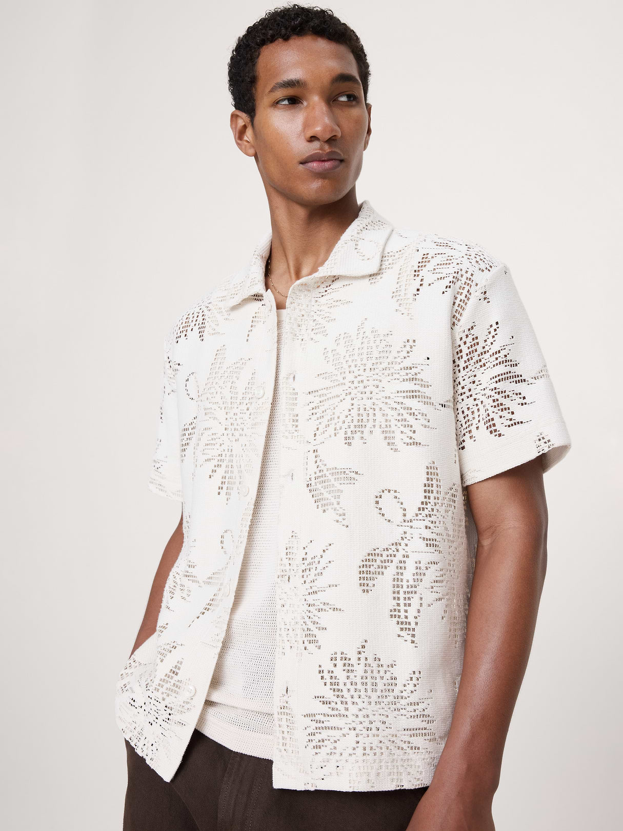 Floral Knit Button-Down Shirt - Cream