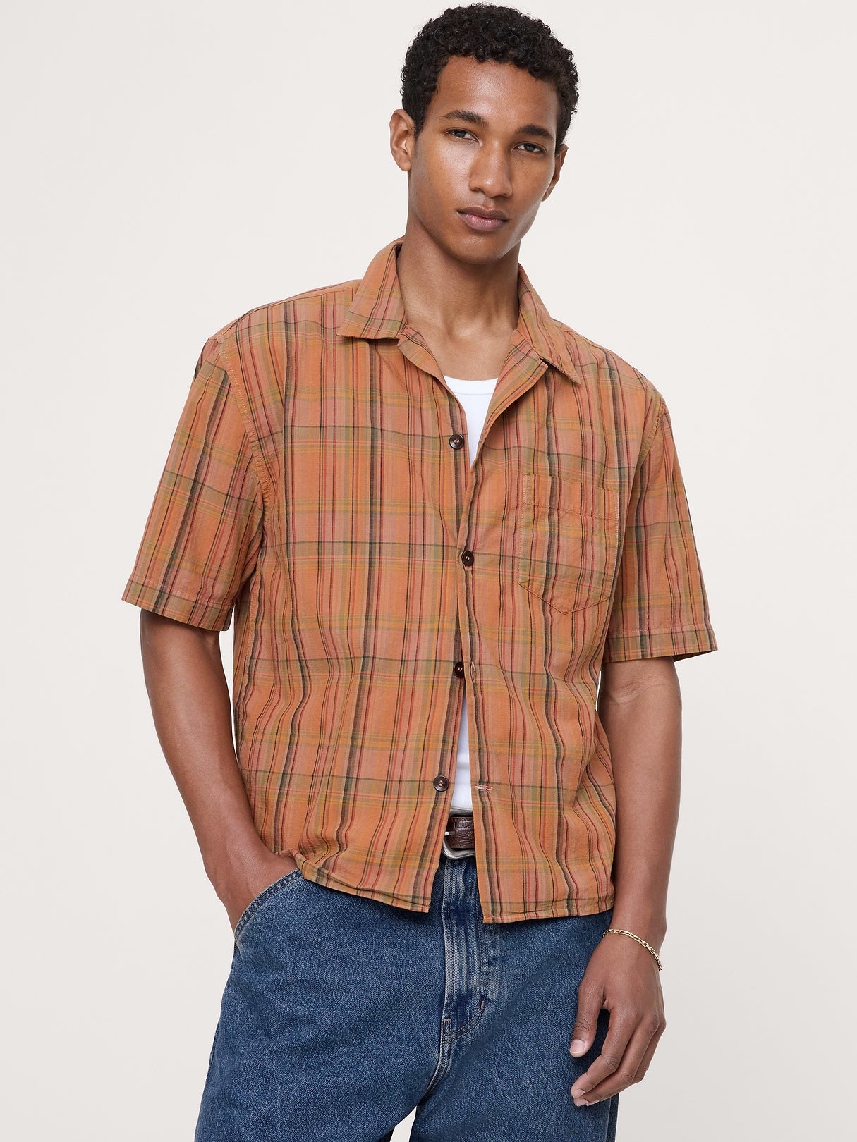 Relaxed-Fit Summerweight Cotton Short-Sleeve Shirt - Orange & Pink Plaid