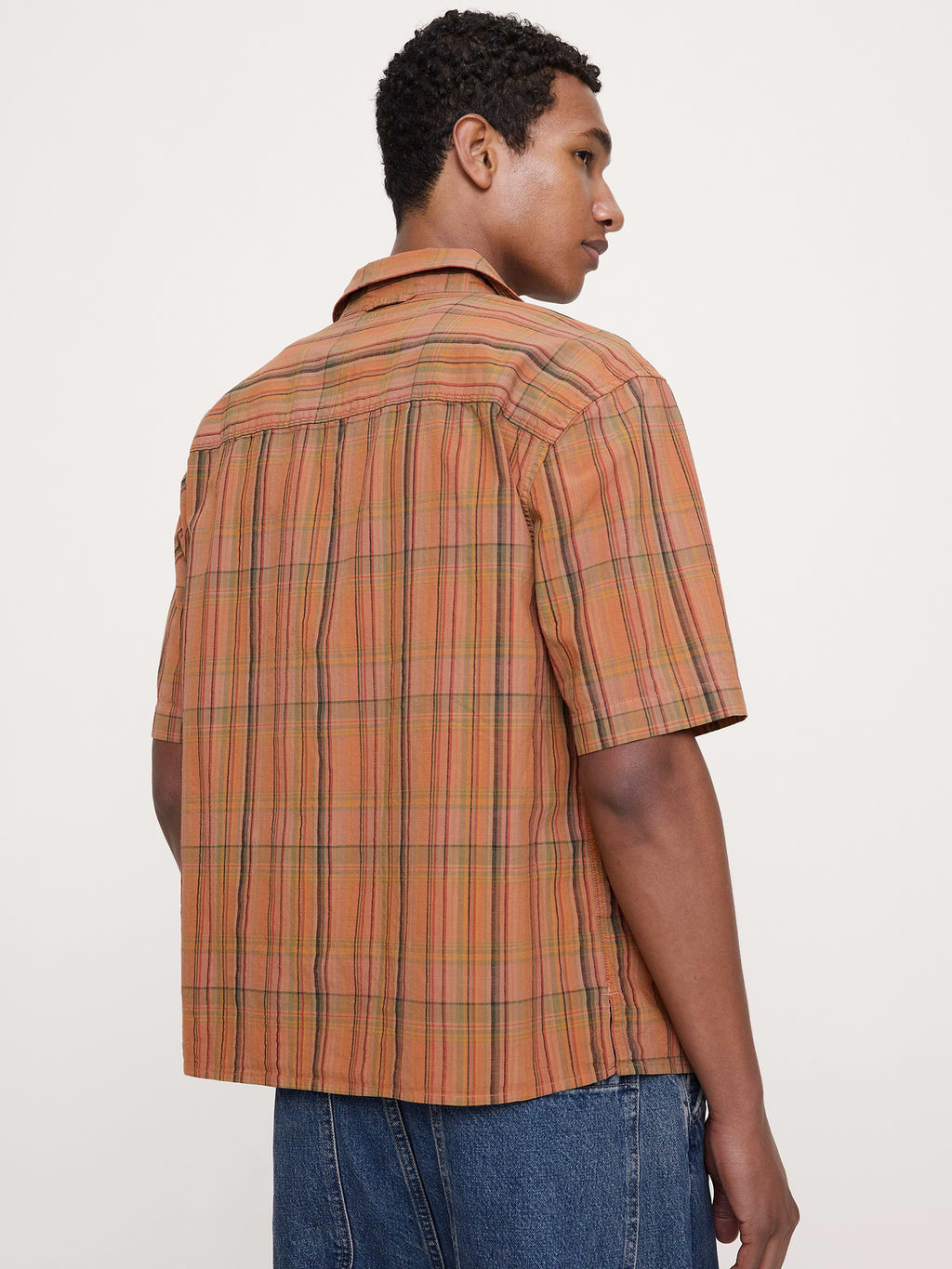 Relaxed-Fit Summerweight Cotton Short-Sleeve Shirt - Orange & Pink Plaid