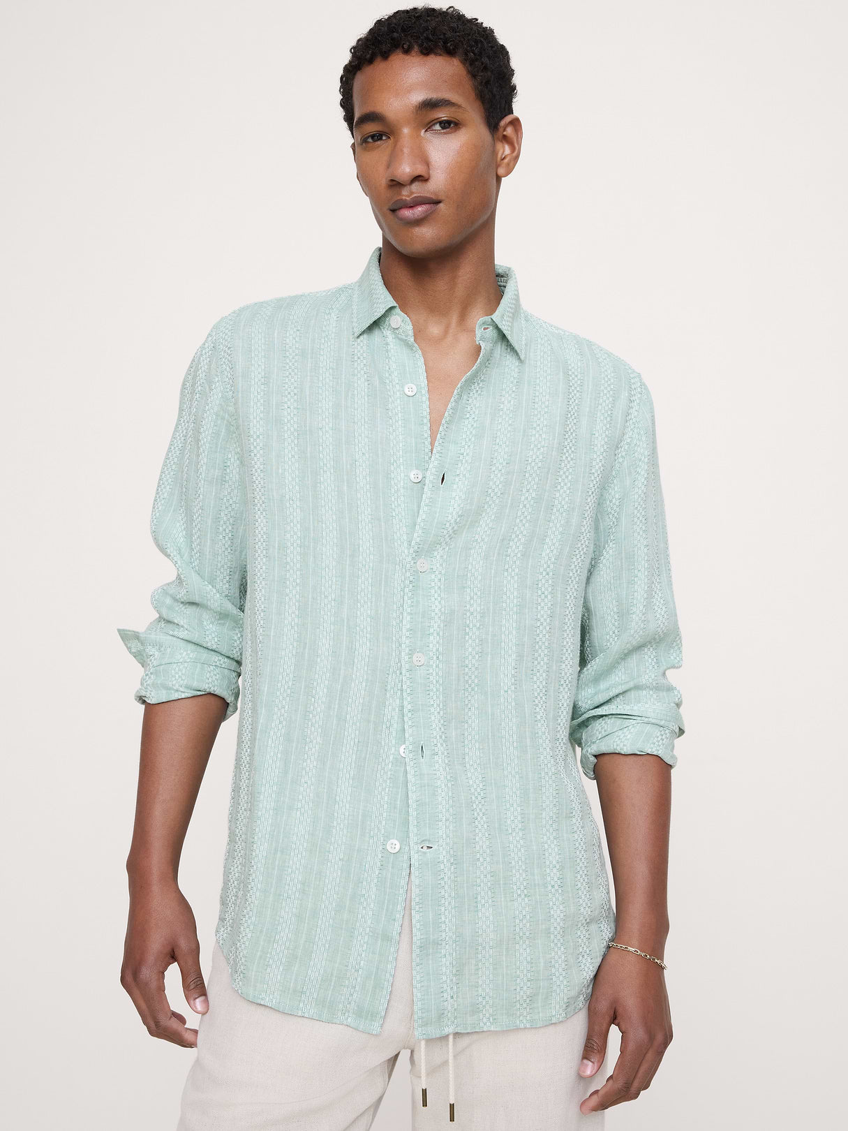 Standard-Fit Textured Linen-Cotton Shirt - Green Texture