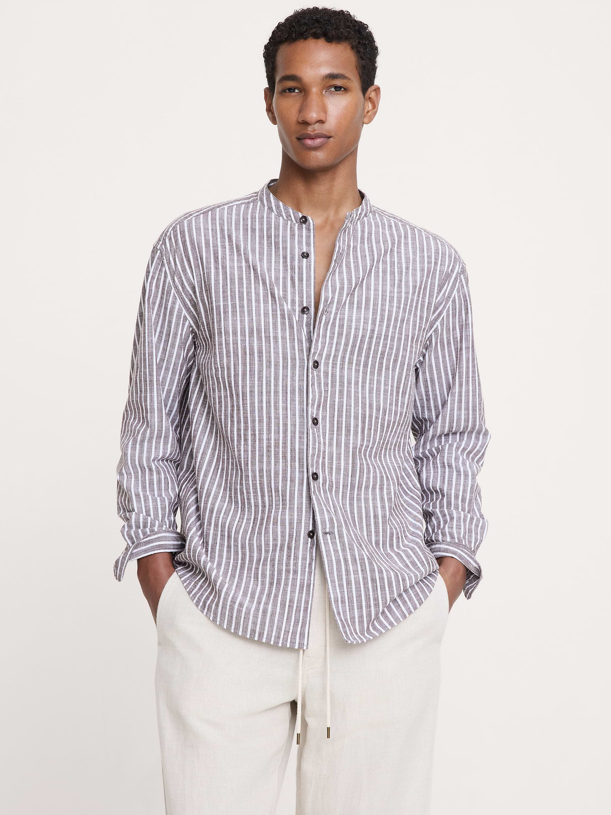 Relaxed-Fit Cotton-Slub Banded-Collar Shirt - Brown Stripe