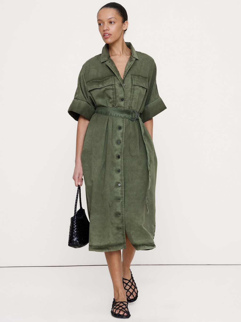 Utility Overdye Cotton Shirt Dress - Army Green