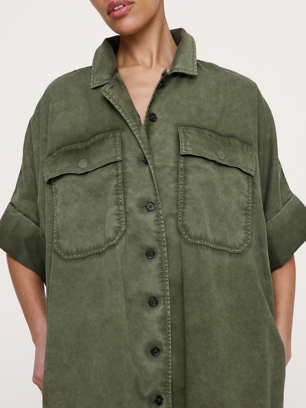 Utility Overdye Cotton Shirt Dress - Army Green